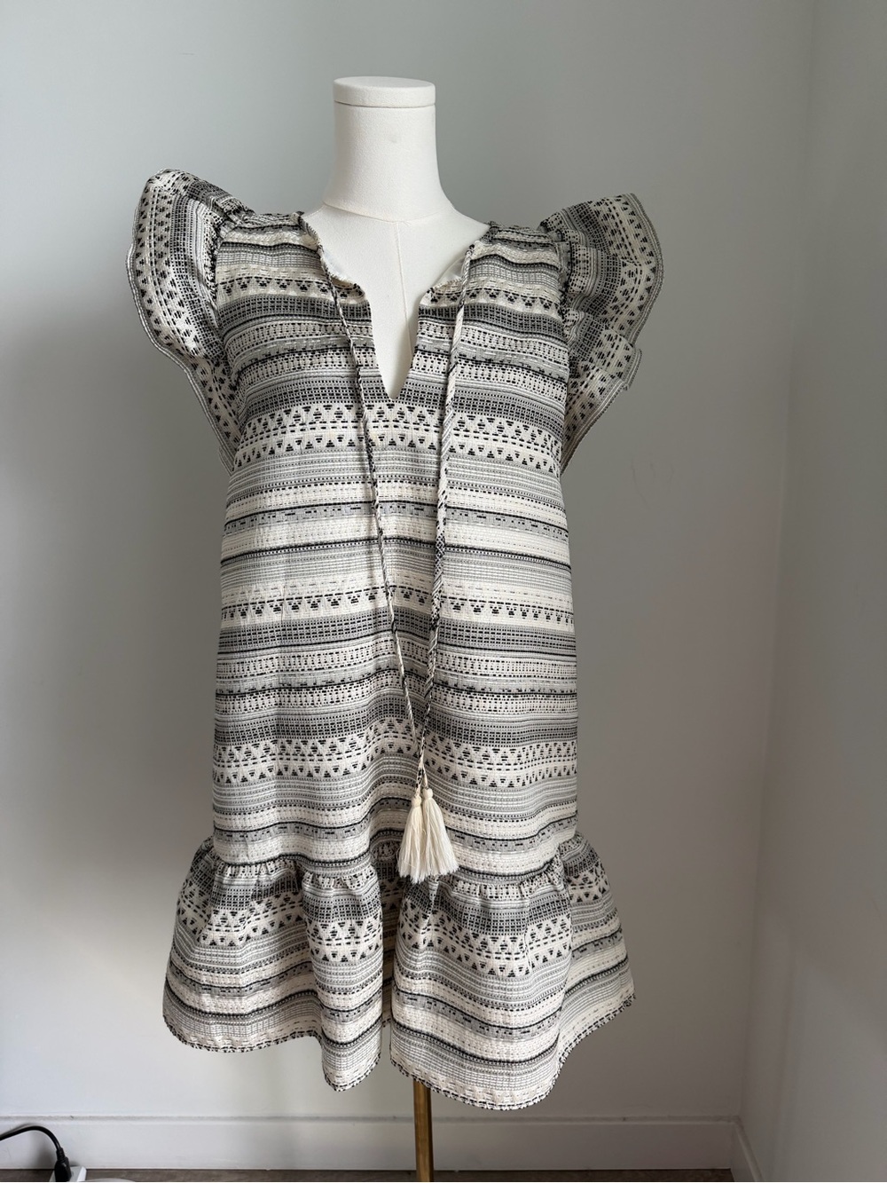 Parker Striped Tassel Boho Mini Dress in Cream and Black